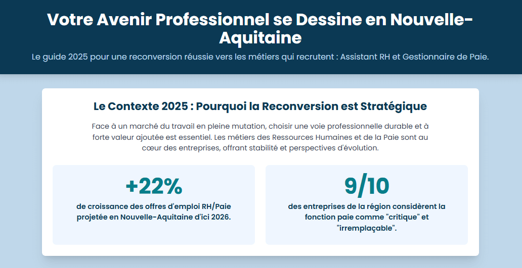 Devenir Assistant RH ou Gestionnaire de Paie en 2025 — opportunités de reconversion en Nouvelle-Aquitaine.